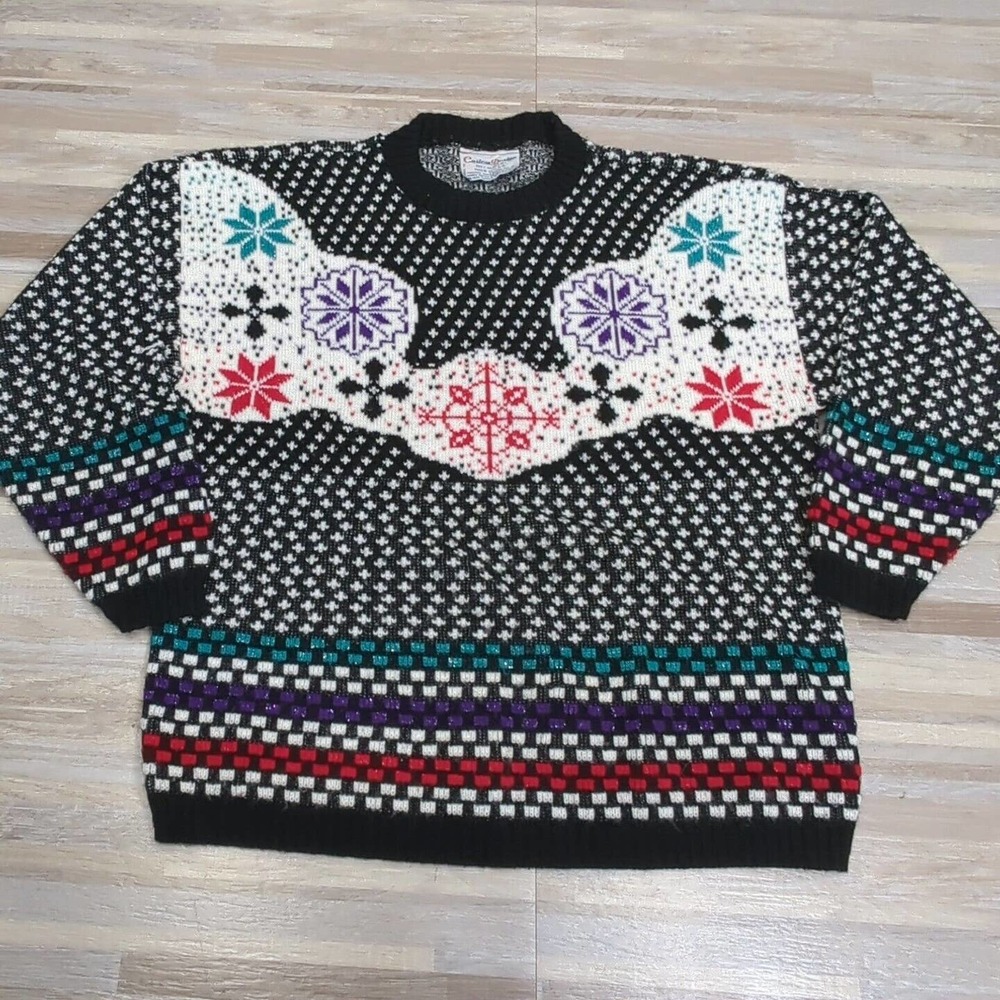 Vintage Womens Sweater Large/1X Black White Colorful Knit Ski Snowflake 80s